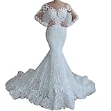 borfieon Hochzeitskleid Damen Lang Tüll Brautkleid Formellen Abendkleid Ballkleid Festkleider Blumenspitze Hochzeitsabend Meerjungfrauen Kleid,White, US8