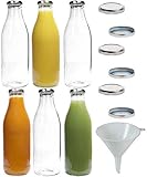 mikken 6X Glasflasche Milchflasche 1 Liter mit 12x PVC freiem Schraubverschluss inkl Trichter