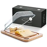 NJUH home x living® Käseplatte - Hochwertige Aufschnittbox Glas - Käse Aufbewahrung aus nachhaltigem Bambus - Umweltfreundliches Käsebrett mit Glocke - Käseaufbewahrungs Box 1l