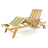 Sonnenliege unbehandelt Natur Gartenliege Relax-Liege Teak-Holz inkl. Räder Tablett – Lehne & Fußteil verstellbar – Pool-Liege Bäder-Liege