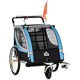 HOMCOM Kinderanhänger 2 in 1 Design Kinderwagen mit Mesh-Tür Fahrradanhänger mit Aufbewahrungstasche Fahne 360° Drehbar Buggy Stahl Oxford Blau+Schwarz 142 x 75 x 101 cm