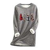 Damen Weihnachts-Sweatshirt Baumwolle Fleece Kunstfell Samt Thermo Langarm Dessous Höschen Sweatshirt für Damen, dunkelgrau, 52