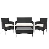 Mendler Poly-Rattan Garnitur HWC-F55, Balkon-/Garten-/Lounge-Set Sofa Sitzgruppe - schwarz, Kissen Creme