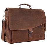 TUSC Zeron Braun Leder Tasche Laptoptasche bis 17 Zoll Herren Umhängetasche Aktentasche Schultertasche für Büro Notebook Messenger Bag Laptop iPad, Größe- 43x31x12 cm