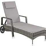 tectake 801041 Aluminium Rattan Sonnenliege mit Armlehne, Alu Polyrattan Gartenliege mit 6-Fach höhenverstellbarer Rückenlehne, Relaxliege mit Rollen, inkl. Auflage (Grau | Nr. 404239)