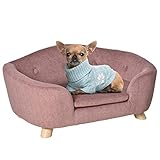 Pawhut Haustiersofa Hundematte Hundebett Hundesofa Hundecouch Katzen Sofa mit Kissen Rückentasche Plüsch Schaumstoff Kiefernholz Rosa 70 x 47 x 30 cm