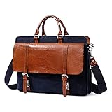 Leder Aktentasche für Herren, echtes Leder Laptop Messenger Bag, 14 Zoll Handgefertigte Vintage Canvas Leder Computer Schultertaschen für Arbeit, blau