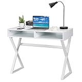 COSTWAY Schreibtisch mit Stauraum, Computertisch Kautschuk Tischbeine, Schminktisch Bürotisch Hochglanz Weiß für Büro und Arbeitszimmer 101x48x78cm