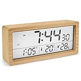 muenfly Wecker Digital Holz, Digitaluhr 14.5 x 5.5cm großem Bildschirm Tischuhr mit Snooze/Datum/Temperatur und Luftfeuchtigkeit für Nachttisch, Schlafzimmer, Nacht Kinder und Büro (Buchenholz)