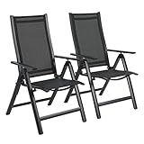 2er Deluxe Set Gartenstuhl Hochlehner Alu Klappstuhl 7-Fach Verstellbar mit Armlehnen Atmungsaktiv klappbar Campingstuhl Balkonstuhl Klappsessel Garten Terrasse, Schwarz