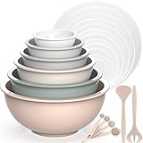 AIKKIL Rührschüssel 6er set, Plastiknist Salatschüssel mit Deckel, Schüssel mit Deckel, Enthält 2 Gabeln & 4 Messlöffel, BPA-frei & Stapelbar, ideal zum Mischen und Servieren(Khaki,18)