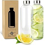 Smart-Planet 2er SET hochwertige Trinkflasche 1l aus Glas - Glasflasche aus Borosilikat Glas - 1L Glastrinkflasche mit Deckel in Edelstahloptik - Trinkflaschen für Sport