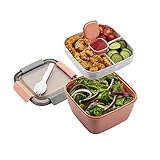 MUJUZE Lunchbox mit unterteilung fächern,Brotdose mit Besteck Erwachsene/Kinder,Brotzeitbox Nachhaltig Auslaufsicher,Salat box to go,Bento Box für Schule/Arbeit/Picknick Reisen(pink)