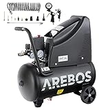 Arebos Druckluftkompressor 24l | Kompressor 1100W 8 bar | ölfrei | Ansaugleistung 165 L/min | Druckminderer | inkl. 13-teiligem Druckluft-Werkzeug-Set + 5 m Spiralschlauch | Luftkompressor schwarz