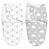 ZIGJOY Neugeboren Pucktücher 2 Pack 100% Baumwolle Pucksack Neugeborene Universal Verstellbare Wickel-Decke Schlafsack für Baby 0-3 Monate(Wolken & Stern)