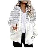 JUYLBLVE Reißverschluss-Hoodie Damen Patchwork Übergroße Pullover-Tops Plüsch Reißverschluss Kordelzug Fuzzy-Fleece mit Kapuze mit Tasche White 3X-Large