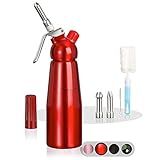 Amazy Sahnespender inkl. 3 Edelstahl Tüllen + 2 Reinigungsbürsten – Profi Sahnesyphon aus Aluminium für die Zubereitung von Schlagsahne, Creme, Mousse, Espuma & Co. (Rot | 500 ml)