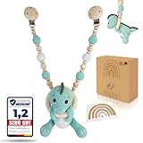 ARIASO®️ Kinderwagenkette aus Holz und Baumwolle gehäkelt Kinder Baby Spielzeug Holz Kette für Kinderwagen geeignet für Mädchen und Junge ab 0+ Monate inkl. Geschenkkarte (Dino Türkis)