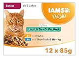 IAMS Delights Senior Katzenfutter Nass - Multipack mit Huhn und Fisch in Sauce, hochwertiges Nassfutter für ältere Katzen ab 7 Jahre, 12 x 85 g