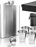 Outdoor Saxx® - Edelstahl Flachmann Geschenk-Set, Brust-Flasche, Einfüll-Trichter, 4 Becher, Leder-Tasche, in Geschenk-Box, 7-teilig