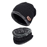 XYIYI Schwarz Kinder Wintermütze und Schal Set, 2 Stück Warme Strickmütze Beanie Hut für 5-14 Jahre