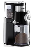 ROMMELSBACHER Kaffeemühle EKM 200 – aromaschonendes Scheibenmahlwerk, Mahlgrad einstellbar von grob bis fein, 2-12 Portionen, Füllmenge Bohnenbehälter 250 g, 110 Watt, schwarz