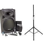 Ibiza Light & Sound PORT15UHF-BT Mobile Sound 15 Zoll, 800 W Beschallungsanlage/DJ Box mit Bluetooth & Pronomic SPS-1A Boxenstativ Alu (Boxenstativ aus Aluminium, 125-185 cm) schwarz