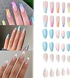 72 Stück Press on Nails Mandel Kurz, 3 Packungen French Wellenlinien Künstliche Nägel Oval Kunstnägel Nägel Zum Aufkleben mit Nagelkleber Acryl Fingernägel Fake Nails Kurz für Frauen und Mädchen