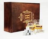 Whisky-Steine Set personalisiert und graviert für Herren, Whiskyglas und Steine mit Holzbox, 6 Whisky-Steine aus Granit und Gläser 280ml