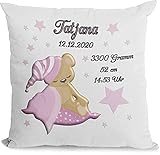 Kissen als Geschenk zur Taufe oder Geburt mit Namen & Datum Babykissen Kleiner Teddy Rosa