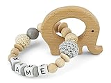 kleinerStorch Baby Holz Greifling personalisiert mit Namen | VIELE MODELLE | Mädchen & Jungen Beißring - Rassel & Lernspielzeug als Geschenk zur Geburt, Taufe - Handmade (Elefant)