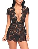 ADOME Reizwäsche Dessous-Sets Lingerie Damen Sexy V-Ausschnitt Nachthemd Spitze Negligee Unterwäsche Set Erotik Sleepwear Kleid,Bschwarz,M