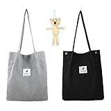 Cord Tasche Groß, 2 Stück Umhängetasche Stofftasche Damen, Schultertasche Damen für Pendler, Einkäufe, Schule, Reisen und Shopping für Büro Schule (Schwarz+Grau)