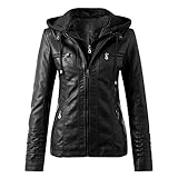 Lederjacke Damen Kunstleder Jacke Damen Lederjacke mit Kapuzen Große Größen Herbst Winter Langarm Motorrad Jacke Winterjacke Slim Fit Hoodie Mantel Streetwear mit Reißverschluss Tasche, Schwarz