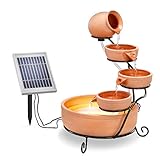 Solar Kaskadenbrunnen Terrakotta mit Akkuspeicher und LED Licht - großes 2 Watt Solarmodul - verschleißarme Pumpe - Springbrunnen Gartenbrunnen Solarbrunnen - Größe ca. 31 x 31 x 55 cm, esotec 101304