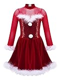 Alvivi Eiskunstlauf Kleid für Kinder Mädchen Ballettkleid Weihnachtskleid Langarm Ballettanzug Ballerina Latein Tanzkleid Weihnachten Partykleid C Rot 146-152