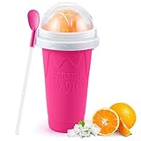 Slushy Maker Cup,Slush Ice Becher, Freeze Mug Milkshake Smoothie Mug,2 In 1 Straw And Spoon, Silikon-Squeeze-Eisbecher EIS Slush-Becher mit Strohhalm-Löffel… (Rosa)