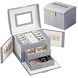 LATIT Schmuckkästchen AbschließbareLeder Schmuckkiste mit Spiegel Schmuckkästchen Reise Schmuckkästchen JewelryBox Damenfach für Halsketten Uhren Ringe Armbänder Ohrringe (Grau)