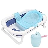 Sonnewelt Baby Badewanne, Babywanne mit Thermometer, Badematte und Baby-Haarwaschbecher, Faltbar Babybadewanne neugeborene ab 0-3 Jahre (Blau)