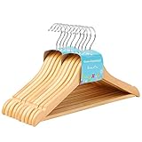 SONGMICS Kinderkleiderbügel aus Massivholz, 10 Stück, Holzbügel für Kinder mit rutschfestem Hosensteg und Einkerbungen, um 360° drehbarer Haken, 35 x 1,2 x 20 cm, Natur CRW006N01