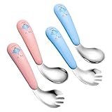 HUYIWEI 4 Stück Baby Utensilien Löffel Gabel Set,Kinder Besteck Set,Edelstahl Baby LöFfel Gabel,Mit einem Baby-Elefanten-Muster,Bringen Sie Ihrem Baby den Spaß,selbstständig Essen zu Lernen