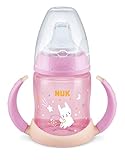 NUK First Choice Trinklernflasche mit Leuchteffekt | 6-18 Monate | 150 ml | Anti-Colic-Ventil | auslaufsicherer Trinkschnabel | Ergonomische Griffe | BPA-frei | Hase (pink), 10215373