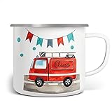 Mikalino Emaille Tasse Feuerwehr Feuerwehrauto personalisierte Kindertasse mit Namen bedruckt Emaille Becher Emailletasse | handbedrucktes Geschenk, Farbe:weisssilber, Grösse:300ml