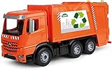 Lena 4614 Worxx Müllauto Mercedes Benz Arocs, Spielauto ca. 53 cm, Nutzfahrzeug für Kinder ab 3 Jahre, robuster Müllwagen mit 2 Mülltonnen und realitischen Spielfunktionen, orange