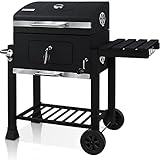 KESSER® Grill Grillwagen XXL Holzkohlegrill mit Deckel , Rädern , Edelstahl-Griff , Grillrost und Thermometer Holzkohle kohlegrill wagen groß Kohle BBQ Camping , Terrasse, Garten (Schwarz / Silber)