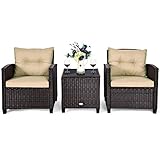 COSTWAY 3-TLG. Polyrattan Lounge Set, Gartenmöbel Rattan Sitzgruppe mit Sitzkissen & Couchtisch, Rattantisch und Stühle, Gartenset BalkonMöbel-Setfür In-&Outdoor, schwarz