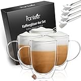 Panteer ® Doppelwandige Kaffeegläser - 4x 350ml - mit 4 langen Löffeln - Ideal als Latte Macchiato Gläser - Teegläser - Thermogläser - Doppelwandige Gläser (350ml Cappuccino 4x mit Henkel)