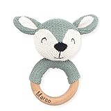 Babyspielzeug Beißring/Greifling mit Lasergravur und Name | Babygeschenk zur Geburt für neugeborene | Jollein - Reh in grün