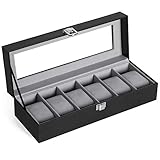 SONGMICS Uhrenbox 6 Uhren, Uhrenkasten mit Glasdeckel, Uhrenkissen aus Samt, Uhrenkoffer mit Schloss, Weihnachten, 30 x 11,2 x 8 cm, PU-Bezug in Schwarz, Samtfutter in Grau JWB06BK