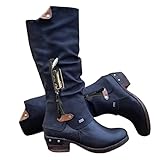 ORANDESIGNE Damen Langschaft Stiefel Vintage Einfarbige Bikerstiefel Cowboy Stiefel mit Reißverschluss Mode Stiefel mit Blockabsatz Leder Motorradstiefel Winterstiefel A Schwarz 38 EU